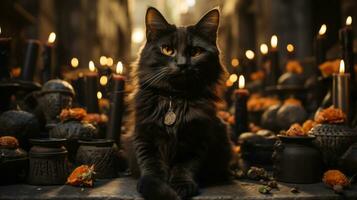 un' malizioso nero gatto illuminato di il tremolante candele, accogliente arroccato in cima un' di legno tavolo, guarda curioso in il sconosciuto, ai generativo foto