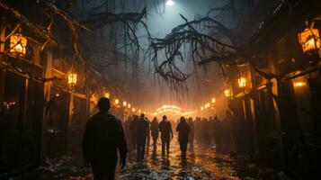 su un' nebbioso inverno notte, un' gruppo di persone camminava giù un' strada illuminato di il caldo splendore di il alberi, fabbricazione il scena un' tranquillo, calmo ancora incantevole uno, ai generativo foto