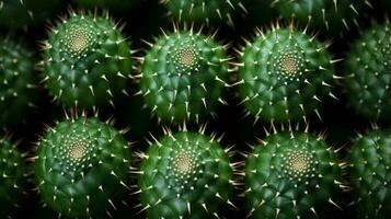 un' vivace paesaggio di cactus impianti sta alto, loro acuto spine e spine la creazione di un imponente ancora ipnotizzante Schermo di verde contro il cosparso di fiori deserto, ai generativo foto