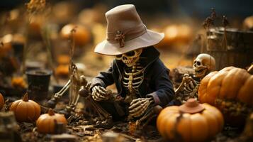 su un' croccante autunno sera, un' misterioso figura nel un' cappello si siede tra un' mucchio di zucche e zucche, eccitante un' senso di tutti e due fantasia e terrore come Halloween approcci, ai generativo foto