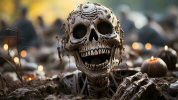 su un' freddo, buio Halloween notte, un' raccapricciante zucca e un' solitario cranio scrutare su a partire dal il fango crea un misterioso all'aperto scena di agghiacciante terrore, ai generativo foto