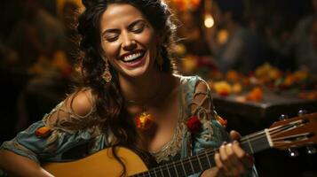 un' contento donna con sua occhi Chiuso, vestito nel vivace vestiario, giochi un' melodico chitarra assolo nel un intimo concerto ambientazione, radiante gioia e passione per musica, ai generativo foto