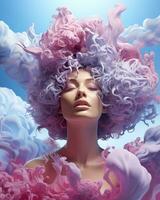un' donna con rosa e viola capelli nel nube, ai generativo foto