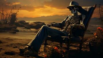 un' scheletro seduta nel un' sedia su buio spiaggia, ai generativo foto