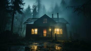 su un' buio notte, un' nebbioso nebbia coperte il all'aperto cielo, e un' solitario leggero nel il finestra di un vecchio Casa nel il boschi evoca un' misterioso e selvaggio sensazione, ai generativo foto