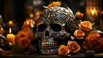 un' vaso di vivace arancia Rose si siede sotto un' nero cranio ornato con d'oro chincaglieria, la creazione di un' travolgente e Stranamente bellissimo interno scena illuminato di un' singolo candela, ai generativo foto