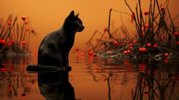 un enigmatico nero gatto si siede pacificamente in mezzo un' ancora all'aperto piscina, suo riflessione scintillante nel il acqua come un' dolce promemoria di il bellezza e fragilità di della natura maestoso mammiferi, ai generativo foto