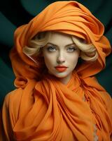 un' vivace e grassetto donna sta con fiducia con un arancia sciarpa drappeggiato in giro sua testa, radiante sicurezza di sé e un' senso di moda, ai generativo foto