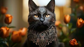 un' nero gatto con un' tatuaggio su suo viso, ai generativo foto
