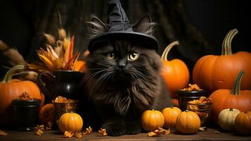 su Halloween notte, un' curioso gatto nel un' capriccioso cappello colleghi curiosamente a il luminosa arancia zucche, ricordando noi di il gioie di festeggiare con animali e verdure al chiuso, ai generativo foto