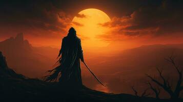 un' persona nel un' accappatoio Tenere un' spada guardare a il tramonto, ai generativo foto