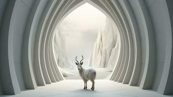 nel il invernale nebbia, un' solitario mammifero sta nel il all'aperto tunnel, suo corna staglia contro il neve - un' maestoso cervo quello poteva essere un' metafora per la libertà e selvaggio, ai generativo foto