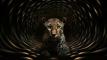 un' magnifico giaguaro sta regalmente nel un' debolmente illuminato tunnel, suo macchiato cappotto radiante con energia e bellezza come esso con orgoglio sondaggi suo dominio, ai generativo foto
