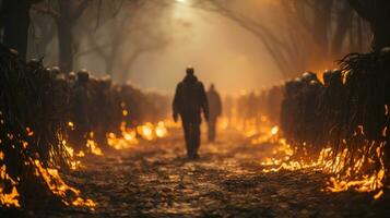 su un' caldo notte, un' gruppo di persone illuminato di il fuoco fiamma si riunirono in giro il all'aperto falò per crogiolarsi nel il calore di della natura bellezza, ai generativo foto