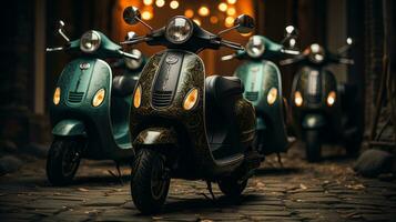 un' brillante collezione di scooter parcheggiata su un' mattone superficie, loro pneumatici luccicante nel il caldo strada luce, fornire un' stuzzicante promemoria di il la libertà di il Aperto strada, ai generativo foto