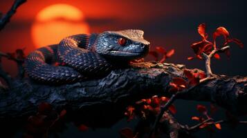 un' arrotolato serpente arroccato su un' albero ramo nel il sfolgorante sole irradia energia e mistero, travolgente il osservatore con suo allettante rettiliano fascino, ai generativo foto