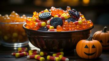 un' vivace ciotola di color arancio zucche, schiacciare, e zucche porta un' festivo Halloween spirito, ai generativo foto