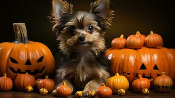 su un' croccante Halloween mattina, un' leale animale domestico cane si siede contento tra il vivace arancia zucche, collegamento il in casa per il all'aperto autunno stagione, ai generativo foto