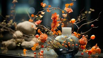 un' vivace vaso pieno con lussureggiante arancia fiori e a cascata rami evoca un' senso di abile la tranquillità entro il interno ambiente, ai generativo foto