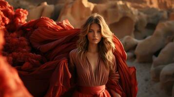 un' vivace donna sta con fiducia all'aperto, sua grassetto rosso vestito radiante gioia e potenza, ai generativo foto