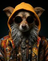 un' malizioso Marrone cane indossare un' felpa con cappuccio e occhiali da sole evoca un' senso di avventura e giocosità come esso colleghi su a partire dal dietro a suo peloso occhiali, ai generativo foto