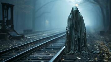 un' avvolto fantasma sta in cima il nebbioso treno brani, loro viso nascosto come essi await il arrivo di il eccesso di velocità locomotiva su il terra sotto, ai generativo foto