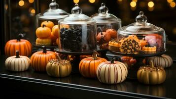 un autunnale raccogliere festa attende, come zucche e biscotti mescolarsi su un' tavolo ornato con il vivace tonalità di zucche, schiacciare, e calabaza, evocando un' accogliente e festivo interno atmosfera, ai generativo foto