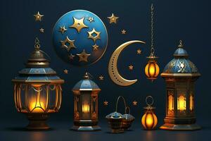 collezione di lanterne con stelle e Luna su loro. generativo ai foto
