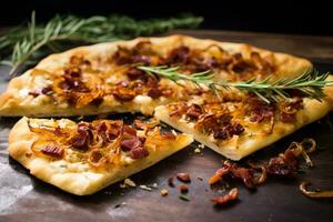 croccante Bacon e Caramellizzato cipolla focaccia. generativo ai foto