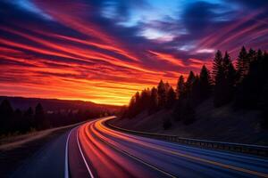 crepuscolo su il autostrada. generativo ai foto