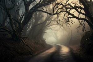 mistico nebbioso foresta strada. generativo ai foto