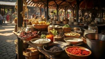 cibo mercato in mostra un' varietà di regionale specialità. generativo ai foto