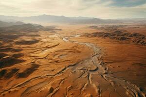 aereo Visualizza in mostra un' vasto deserto paesaggio. generativo ai foto