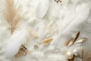 elegante oro e bianca vacanza flatlay con piume, paillettes. generativo ai foto