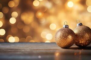 Due d'oro Natale ornamenti su un' di legno tavolo. generativo ai foto