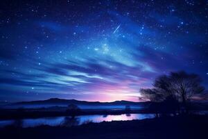 notte cielo con stelle e un' albero nel il primo piano. generativo ai foto