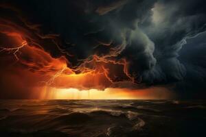 un' tempesta è In arrivo al di sopra di il oceano con fulmine. generativo ai foto