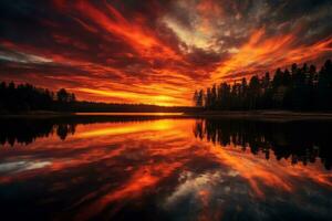 bellissimo tramonto al di sopra di un' lago con alberi nel il sfondo. generativo ai foto