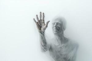 macabro mano emergente a partire dal un' nebbioso nebbia. generativo ai foto