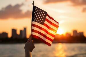 mini americano bandiera contro vivace tramonto. generativo ai foto