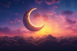 islamico mezzaluna Luna su vivace cielo. generativo ai foto