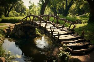 rustico di legno ponte collegamento percorsi. generativo ai foto