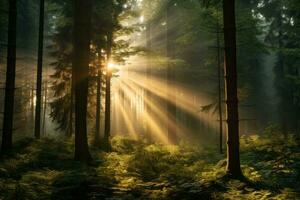luce del sole rottura attraverso alberi magicamente. generativo ai foto