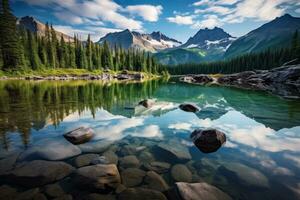 tranquillo lago con montagna riflessione. generativo ai foto