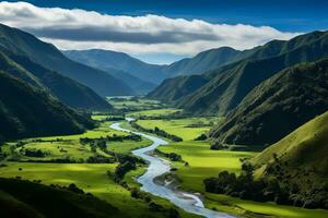 verdeggiante valle e serpeggiante fiume. generativo ai foto