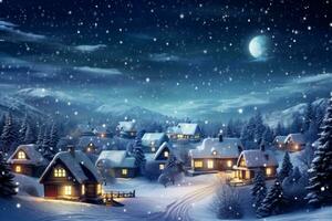 inverno Paese delle meraviglie scena con neve coperto case. generativo ai foto