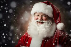 sorridente Santa Claus nel il suo iconico rosso completo da uomo e barba ai generativo foto