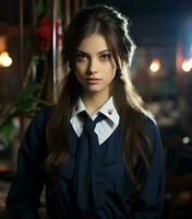 un' bellissimo asiatico scuola ragazza con delicato viso. ai generativo foto