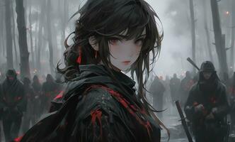 ai generativo samurai assassini ragazza con luminosa occhi nel anime stile foto