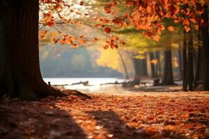 ai generativo di un' sereno autunno paesaggio d'oro le foglie copertina il terra foto